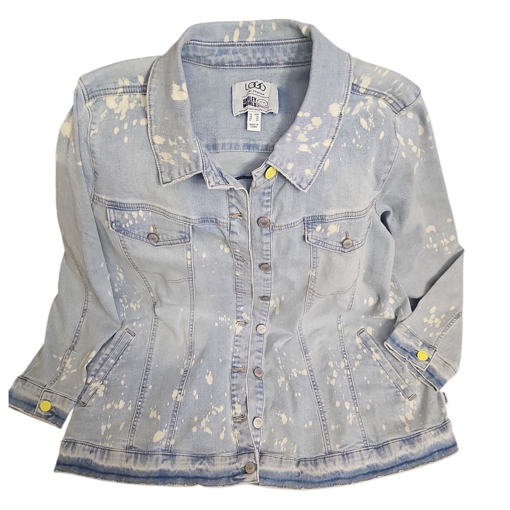 Lori Goldstein Smiley World Denim Jacket‎ Bleach Wash Patch Logo Plus 20W Nwot - Picture 7 of 10